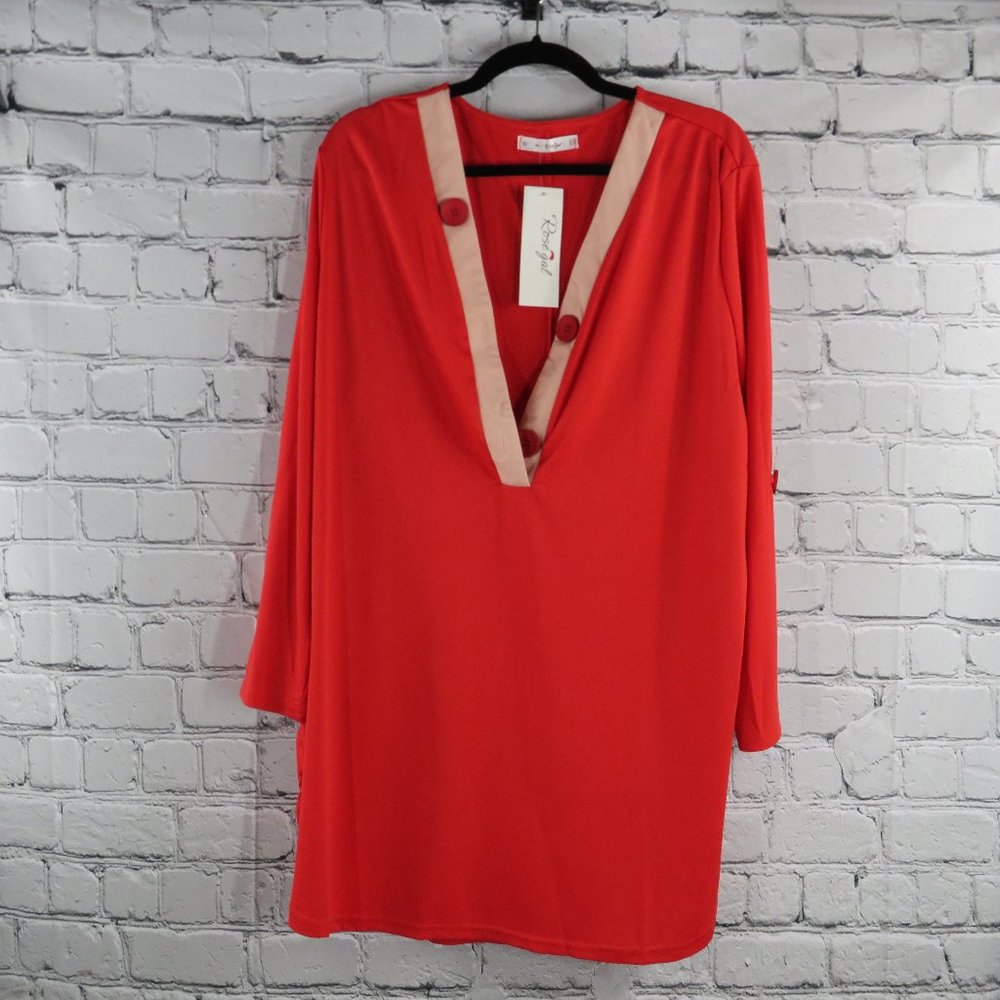 Women's Plus Long Sleeve V-Neck Red Top